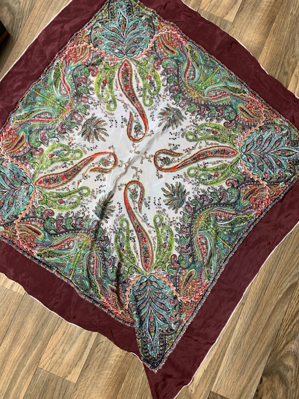 Paisley Print Silk Square Scarf in Burgundy and Multicolor